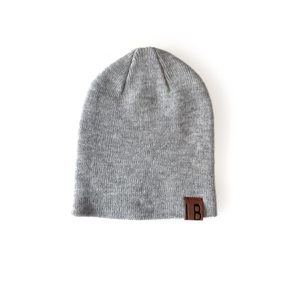 Little Bipsy Gray Knit Beanie with Brown Leather Initial Patch